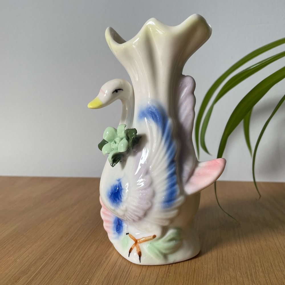 Vintage Midcentury Porcelain Swan Bud Vase with Floral Accents